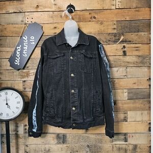 SALE-Pink Dolphin unisex black  jean Jacket with blue stripes Large